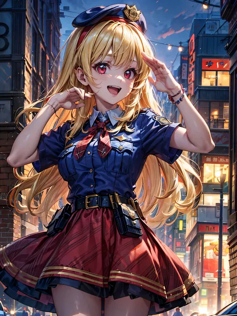 Masterpiece, cowboy shooting, cop, 1girl, solo, uniform, ribbon, hat, policewoman, solo, shirt, bangs, tie, breasts, blur, police uniform, blonde, hairband, red ribbon, looking at the viewer, red eyes, short sleeves, looking from the side, collared shirt, ...