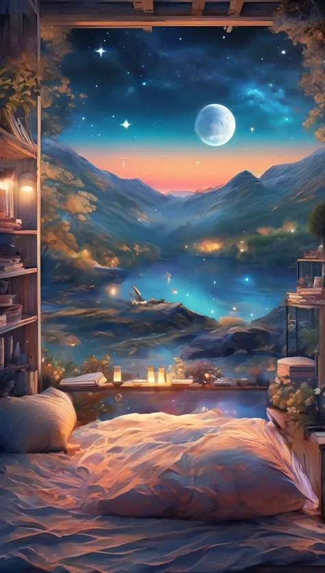 ultra-detailed,impressionistic style,starry night sky,dreamy atmosphere,gentle moonlight,cosmic patterns, peaceful atmosphere ,s...