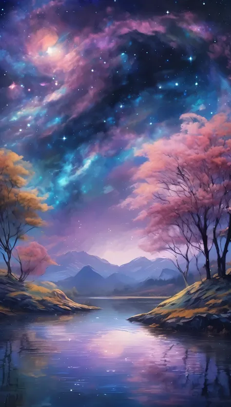 ultra-detailed,impressionistic style,starry night sky,dreamy atmosphere,gentle moonlight,cosmic patterns, peaceful atmosphere ,s...