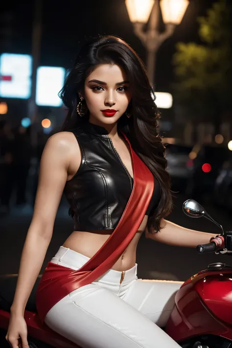 " Ultra-realistic image of a beautiful young woman with smooth and long hair , dressed in an elegant modernized RED sari,  combining tradition and contemporary style .  She wears a sleeveless leather jacket and tight white pants , that contrast with the sa...