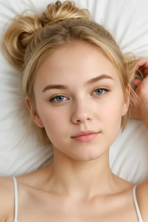  generate the face of a 17-year-old blond woman with straight hair, The square face , small nose,  the eyes should be blue ,, short hair tied up as bun /bun, bended-over, wide angle full chest, laying on bed, wide angle perspective from above