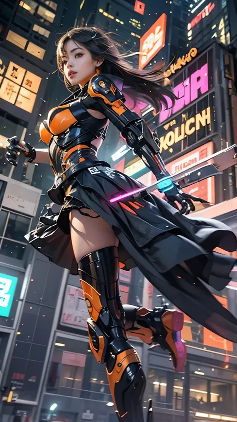 Alone、 (A very beautiful female android participating in a fighting tournament equipped with very intricate white and orange Cyberpunk mech armor。:1.5), (  a cyberpunk mecha suit with white and orange tiles  、  neon markers  :1.5)、  black hair、  shortcut、P...