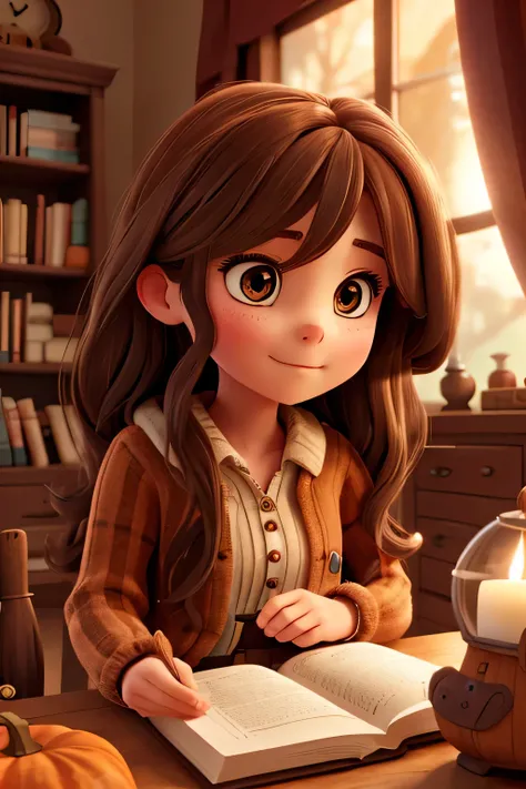 cute girl, long brown hair, some autumn witchy vibes, reading a book ain a cosy book nook