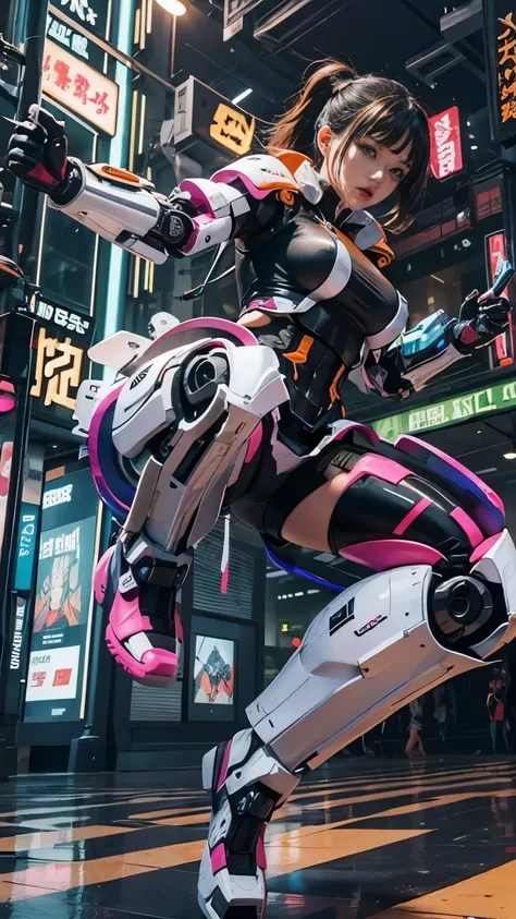 Alone、 (A very beautiful female android participating in a fighting tournament equipped with very intricate white and orange Cyberpunk mech armor。:1.5), (  a cyberpunk mecha suit with white and orange tiles  、  neon markers  :1.5)、  black hair、 ponytails、P...