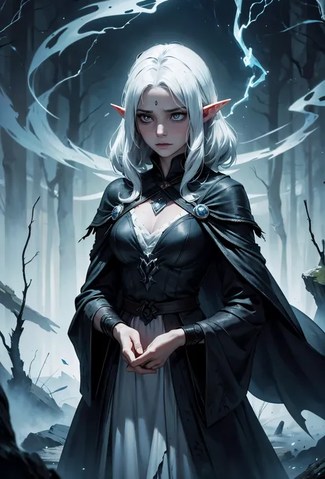 The elf sat alone in the hollow silence of the forest, a shadow of the powerful mage she had once been. Her once-brilliant dark skin, radiant as the midnight sky, now appeared tired and dulled, as if her very essence had faded along with her magic. Her whi...