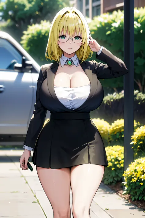 blonde hair, very huge tits,   ((black bussines suite, short tight skirt, glasses, skirt, white nectie)), thick, busty, green ey...