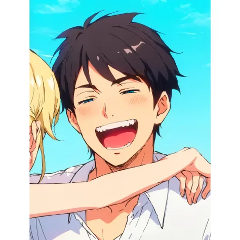 anime couple hugging and laughing with blue sky in background,   detailed eyes, shy man, embarrassed boy ,  embarrassed boy with red cheeks