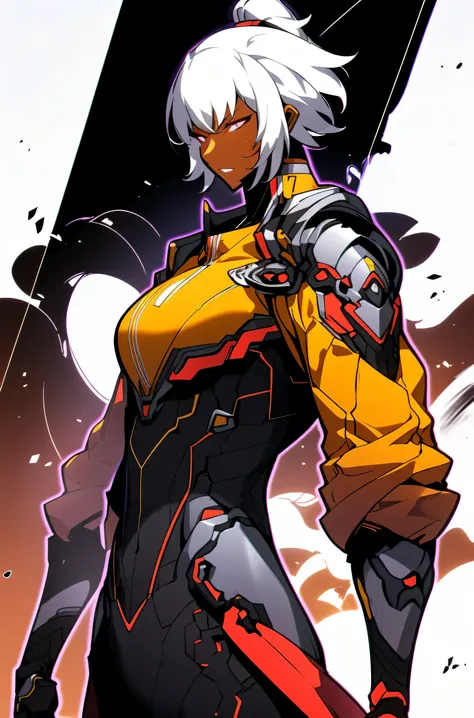 Midly Muscular darkskin woman asy clothes, white short hair in a ponytail, red eyes, tight yellow jacket, yellow jacket, black cargo pant, intricate pencil sketch, expressive eyes and nose and mouth, un-zoom, highly detailed, dynamic pose, white background