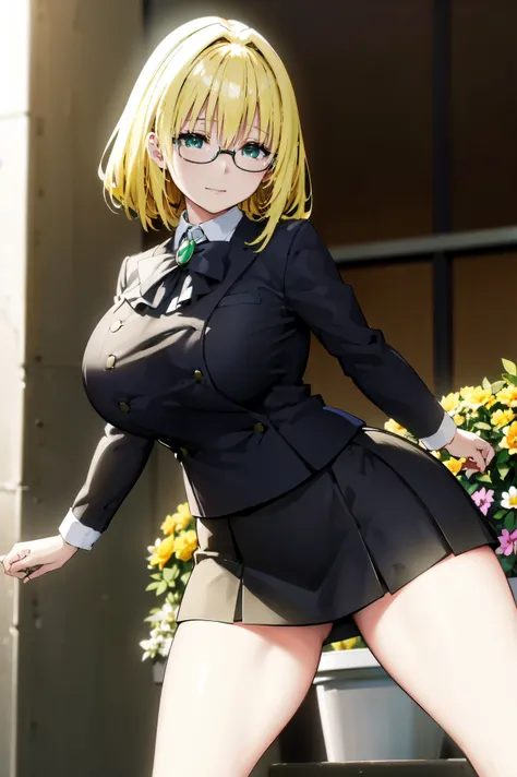 blonde hair, very huge tits,   ((black bussines suite, short tight skirt, glasses, skirt, white nectie)), thick, busty, green ey...