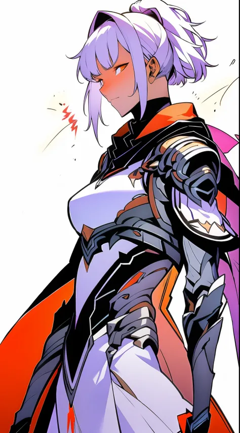 woman in fantasy clothes, Mask, white short hair in a ponytail, orange eyes, white hood, Torn black scarf, white purple and black Armor, aura (orange),, perfect Anatomy, intricate pencil sketch, expressive eyes and nose and mouth, un-zoom, highly detailed,...