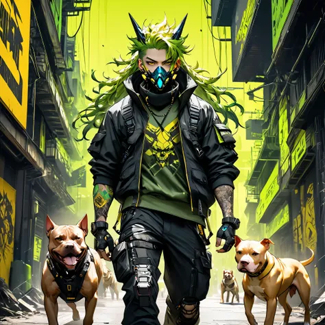 cyborg, 1_man_cyberpunk_2077, barghest, neon yellow and black techwear, cyberpunk backdrop, neongreen dreadlocks, golden skullma...