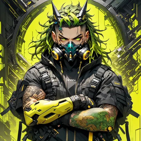 cyborg, 1_man_cyberpunk_2077, barghest, neon yellow and black techwear, cyberpunk backdrop, neongreen dreadlocks, golden skullma...