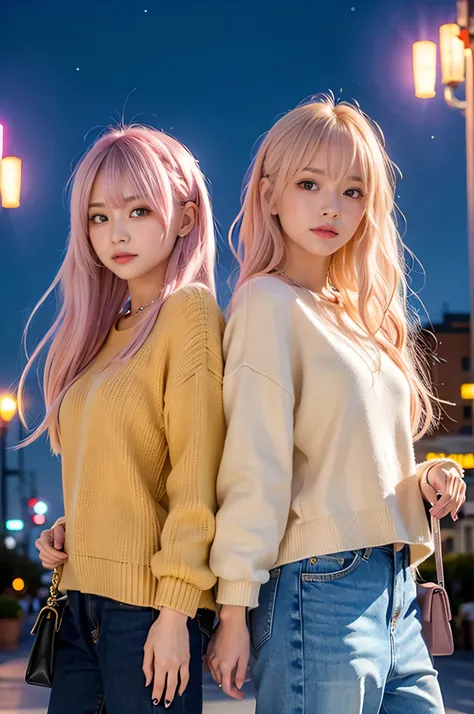 Love Hoshino, Beige Pink Hair,  blue hair,Long Hair,  , beautiful, Sparkling Eyes, The star in front of me , Idol, ２people々, 女の子2people, Long pink hair