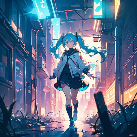 ((Best Quality, 8k, masterpiece: 1.3)),  sharp concentration: 1.2, (Super beautiful face: 1.0),  Hatsune Miku，Neon Cyberpunk， glowing eyes，long flowing hair， sunny background  ，A cute and active girl character is approaching the camera