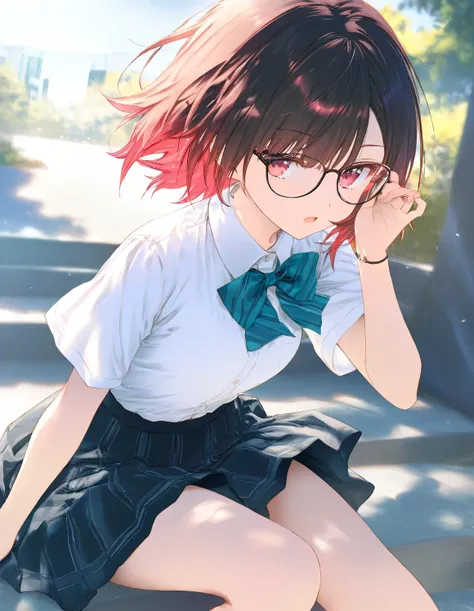 1girl, little female, school uniform, short hair, beautiful breasts, glasses, jitome, open mouth, outdoors,wind, game CG break,((artist:shida_kazuhiro)),(artist:mitsumi_misato),(artist:fujiyama),,(masterpiece), (best quality), (ultra-detailed), very aesthe...