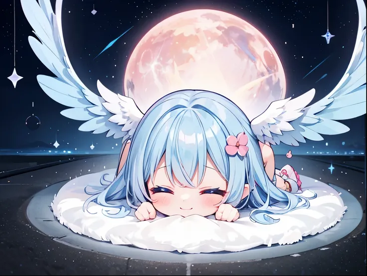 かわいい翼のあるキューピットChibi character　smile、Cute Winged Cupid Chibi Character With Big Rainbow Angel Wings 、 is flying through the air、 long blue hair((Chibi character))、Fluffy、With a girl、Chibi character、 full body esbian on the road、 pastel colored hair 、masterp...