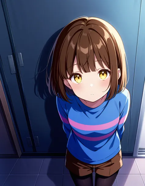 score_9, score_8_up, score_7_up, source_anime, Undertale Frisk, brown hair, brown shorts, bob cut, short hair, black pantyhose, blue shirt, yellow eyes, 1girl, solo, striped, striped shirt