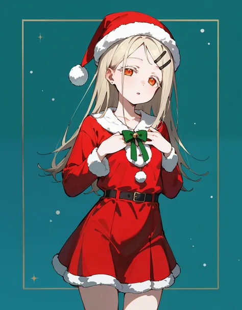 shinosawa hiro,slender,(Listless), Half-open eyes, deep orange eyes,white eyelashes, white blonde hair,long hair,hairclip, small breast, thin belly, small mouth, santa costume, red one-piece dress, mini-skirt, santa hat, girl, solo, best quality, very aest...