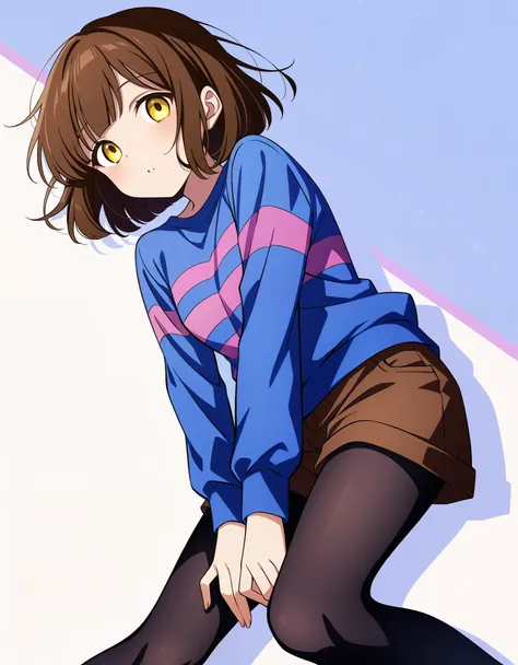 score_9, score_8_up, score_7_up, source_anime, undertale frisk, brown hair, brown shorts, bob cut, short hair, black pantyhose, ...