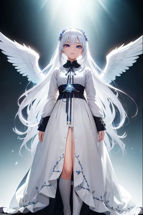 a beautiful young girl with white hair and angelic wings ,  highly detailed anime style illustration , 1girl, detailed facial fe...