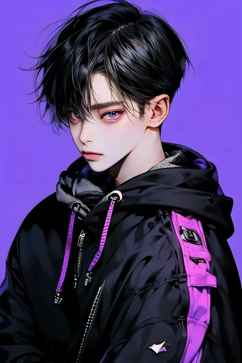 masterpiece, head must be a square type hobby shop, cyberpunk colored background, best quality, Detailed Eyes, high quaility, 1 male, male, 1 boy, gentle, soft, handsome, tall, black hair, purple eyes, have a broad shoulders, One person, a hadsome man, Kor...