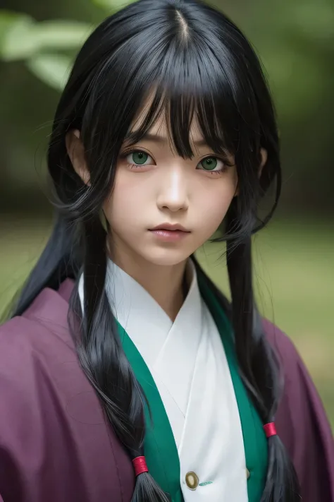 I want the entire image to be created in 3D anime style, Alone, long hair,  looking at the viewer, fringe,  black hair , 1 boy,  hair between the eyes, Closed mouth,  green-eyed,  Male Focus ,  multicolored hair , japanese clothes, lips, eyelashes, portrai...