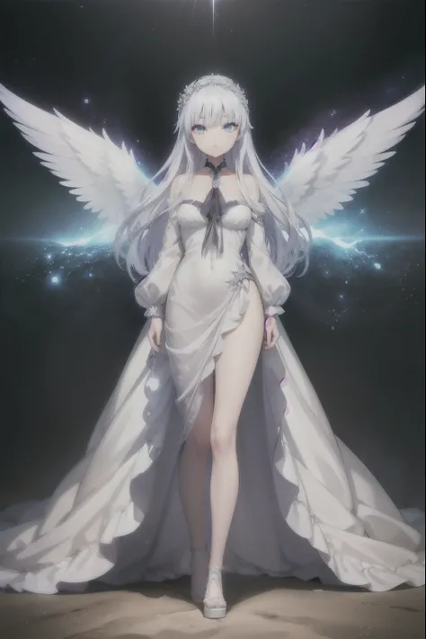 a beautiful young girl with white hair and angelic wings ,  highly detailed anime style illustration , 1girl, detailed facial fe...