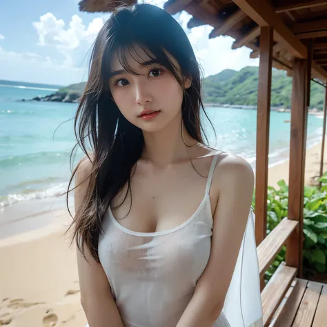  1 beautiful Japanese woman 、Age 25、 wearing a tight white camisole that reveals her cleavage、 slender、 medium breasts、Brown wavy hair、 upper body shot、The background is an outdoor sandy beach in Okinawa and the weather is fine、Cross your arms in front of ...