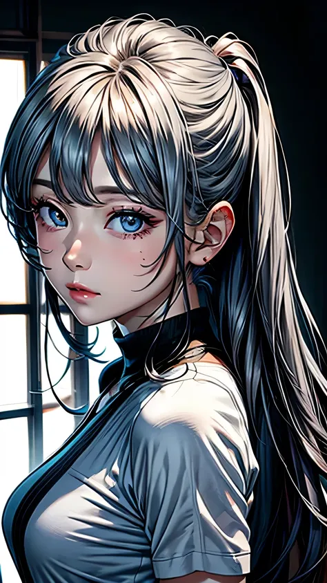 anime,(face),(beautiful detailed eyes), black hair,sliver eyes, masterpiece,looking at viewer, best_quality,Black background,masterpiece,white shirt, arms behind back,  