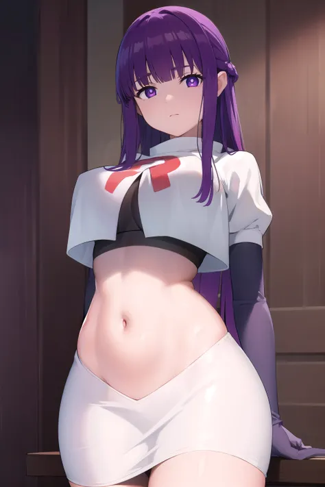 fern, fern, large breasts, long hair, bangs, (purple eyes:1.1), purple hair, sidelocks, blunt bangs, (bright pupils:1.5),
BREAK team rocket,team rocket uniform,white skirt,red letter R,crop top,black thigh-highs,black elbow gloves,
BREAK looking at viewer,...