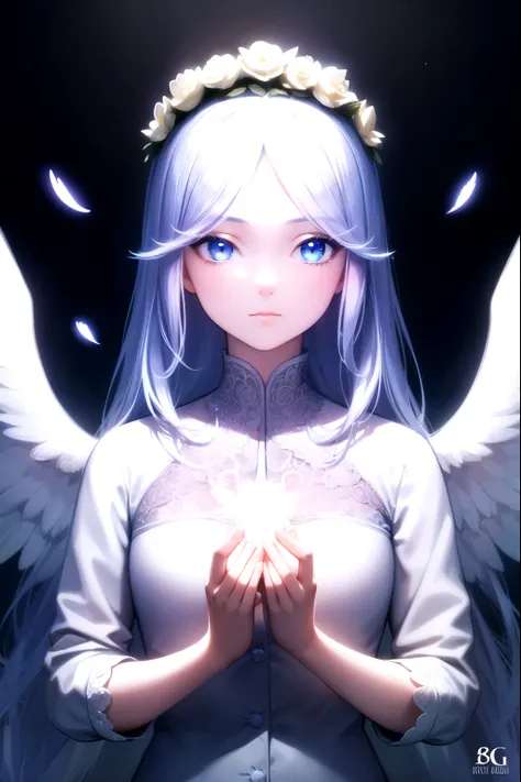 A beautiful young girl with blanco hair and angelic wings, highly detailed anime style illustration, 1girl, detailed facial features, long eyelashes, flower crown, elegant pose, cinematic lighting, vibrant colors, digital painting, masterpiece, photorealis...