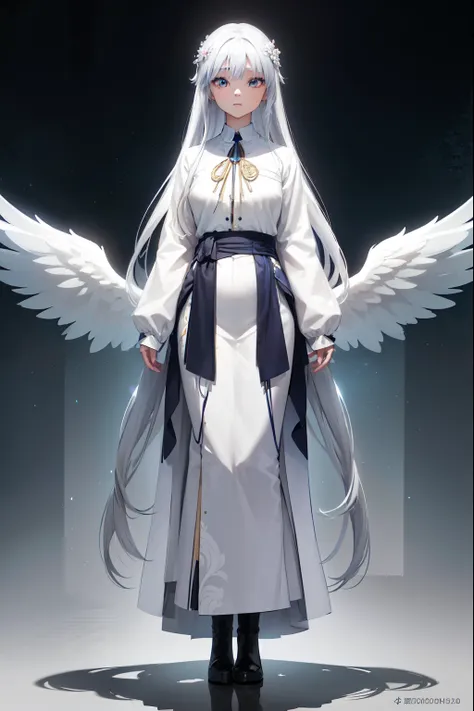 a beautiful young girl with white hair and angelic wings ,  highly detailed anime style illustration , 1girl, detailed facial fe...