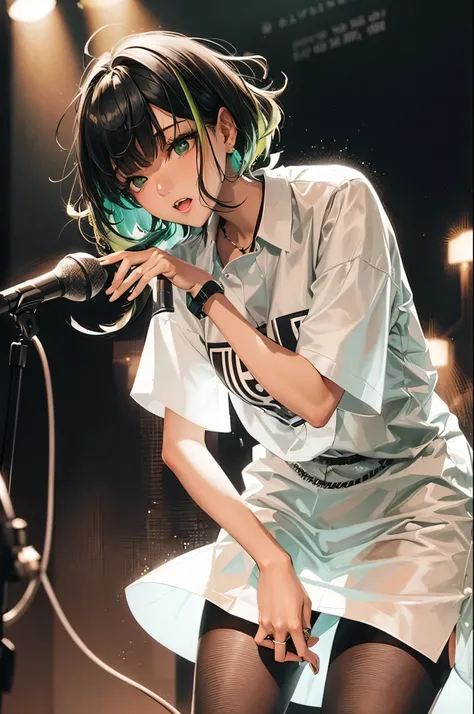 a young woman with short black hair and green highlights, long bangs covering her eyes, wearing an oversized dress shirt, small-chested, looking away, with a microphone in hand, singing into a microphone stand, disheveled hair, anatomically correct, high q...