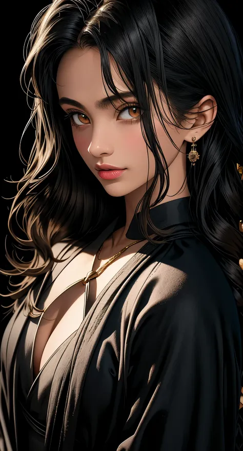 1 milf girl, dark atmosphere, highly detailed skin, cleavage, old Japanese style, 8k quality, ultra sharp, ultra realistic detailed, dark atmosphere, dark colors, beautiful maiden dress, vibrant colors, black rose in hair.