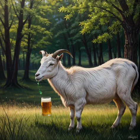 Beautiful and majestic goat in a peaceful pasture drinking a beer (Most important) 、(Real、High resolution)、(柔らかなnature光)、(Bright colors、green々Fresh green grass)、Detailed fur and antlers、Quiet atmosphere、(Portrait、nature)、(media: Oil painting) Painting）