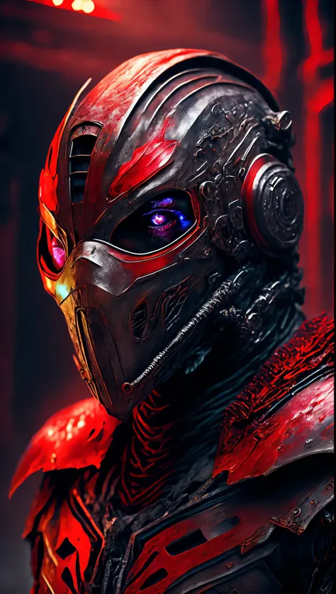 stunning science-fiction cinematographic photograph of a portrait of a masked Grims non-human creature encased in red chrome metal skin,  full body glowing metrics inside ,  glowing multicolored eyes , multifaceted eyes, , inside a destroyed building ,  ex...