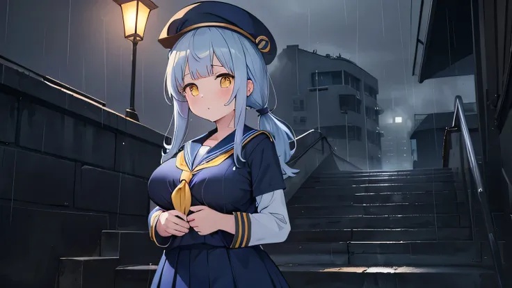 close up shot, a girl, she is surprised found something on the floor, she is looking at it 20 years old with blue ponytailed hair, yellow eyes, wearing (((dark blue sailor uniform))), skirt,, dark captain hat, night time, ((heavy rainy night),, cloudy sky,...