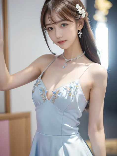 Are thin,Very small cleavage,skirt,masterpiece, Highest quality, figure, Sax Blue, Platinum Earrings, Platinum Necklace, White dress with colorful details,embroidery,Flowers,gem, One girl, cute, (Dynamic Lighting:1.2), Cinema Lighting, Delicate facial feat...