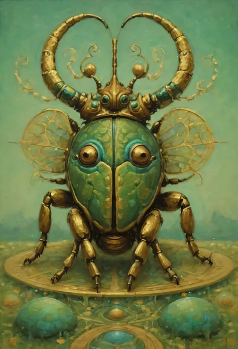  symbolize the Khepri beetle with symbol of renewal ,  perhaps with natural or warm colors that represent growth and change. 

 color palette :  Use soft tones such as green  ( for growth ), blues ( for calm ), or golden  ( for transformation ), style (Esa...