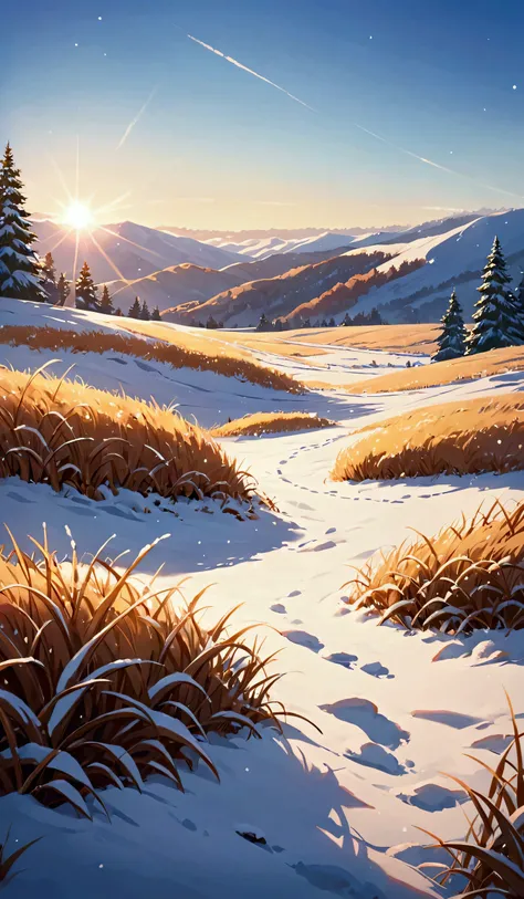 The grass is covered with light snow， and the warm winter sun is in the distance