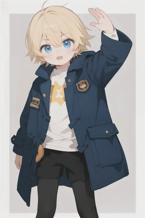 Young, Boy brave man，Blond boy，Big coat，Stockings，Tights， Hes an anime boy， blue eyes，Hes a young hero ，Cute boy，Has cute dumb hair