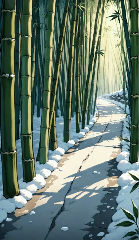 there is snow on the road and bamboo leaves in the bamboo grove