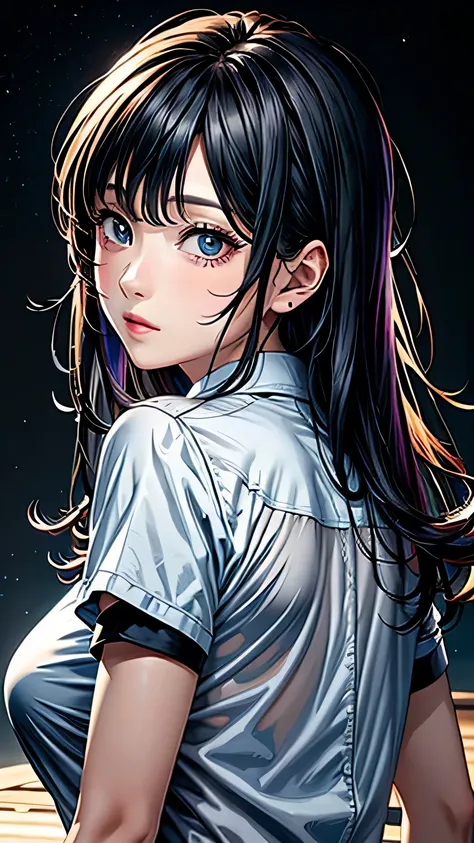 anime,(face),(beautiful detailed eyes), black hair,sliver eyes, masterpiece,looking at viewer, best_quality,Black background,masterpiece,white shirt, arms behind back,  