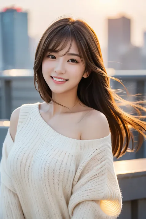  Ultra High Definition, Premium quality , Best Quality, Super detailed, Realistic, 8k,  RAW photo, Best Quality, masterpiece, Beautiful girl, Brown Hair,  Shoulder-length Layer ,  mesh hair,  Japanese idols, white sweater,Strong winds,  Hair Blown in the W...