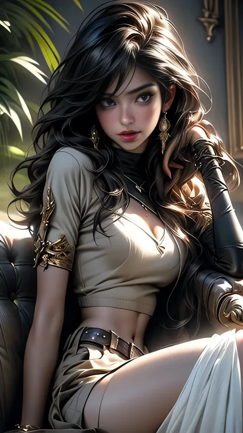 "(Best Quality))、((masterpiece))、( Details:1.4)、3D Realistic Oil Painting 、 Sexy and Charming Pirate Shtabasad Smiles Mischievously、 Sexy Midriff 、 Slim Waist 、Epaulettes、 captivating cleavage 、 pleated miniskirt 、 sharp details 、 Flirty and Scandalous 、Li...