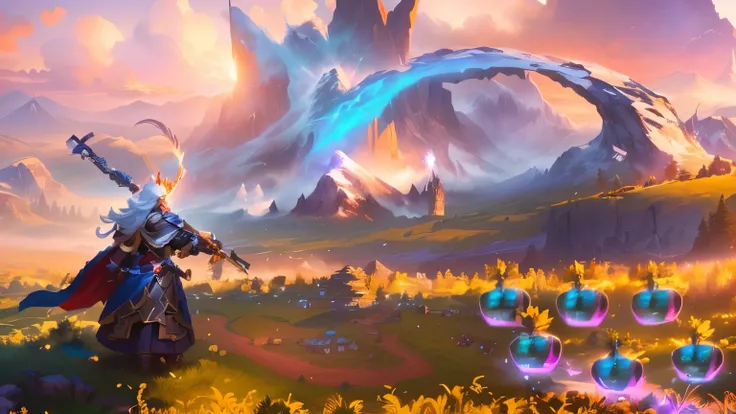 a close up of a cartoon character in a field with a mountain in the background, magical battlefield background, odins stone arena background, mobile game art, magical battlefield backround, background artwork, epic background, arena background, mobile game...