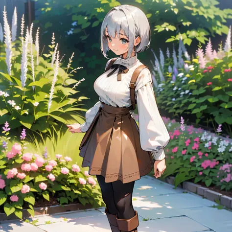 ( High Quality ,  Hi-Res, Very detailed, reality:1.37), Peaceful atmosphere, (Outdoor, garden),  teenage girl standing alone, (My breasts are large.), Beautiful details,  cute smile, (Silver Bob), Ribbed sweater,Brown skirt, Black tights,  brown boots .