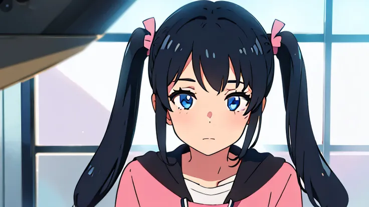 girl, with two pigtails , black hair , blue eyes 