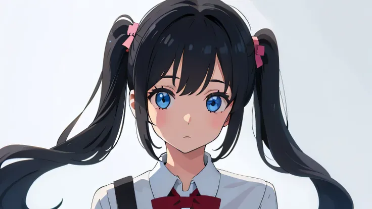 girl, with two pigtails , black hair , blue eyes 