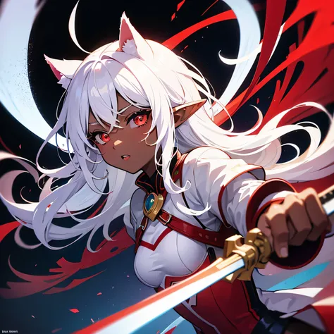 Hyper-detailed art, Anime style phonk thumbnail, Red strong Aura, dark skin, small breasts, white hair, one-handed sword, white light armor, white cat ears, sexy expression, elf ears, medium hair, straight hair